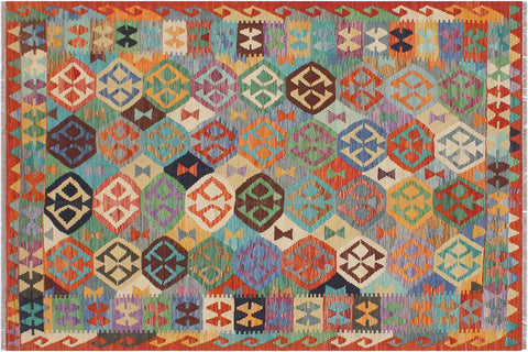 handmade Geometric Kilim Blue Rust Hand-Woven RECTANGLE 100% WOOL area rug 5x6