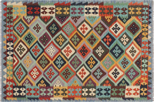 5x7 hand woven Turkish Kilim wool rug in rust and blue - Rustic Jenny Turkish