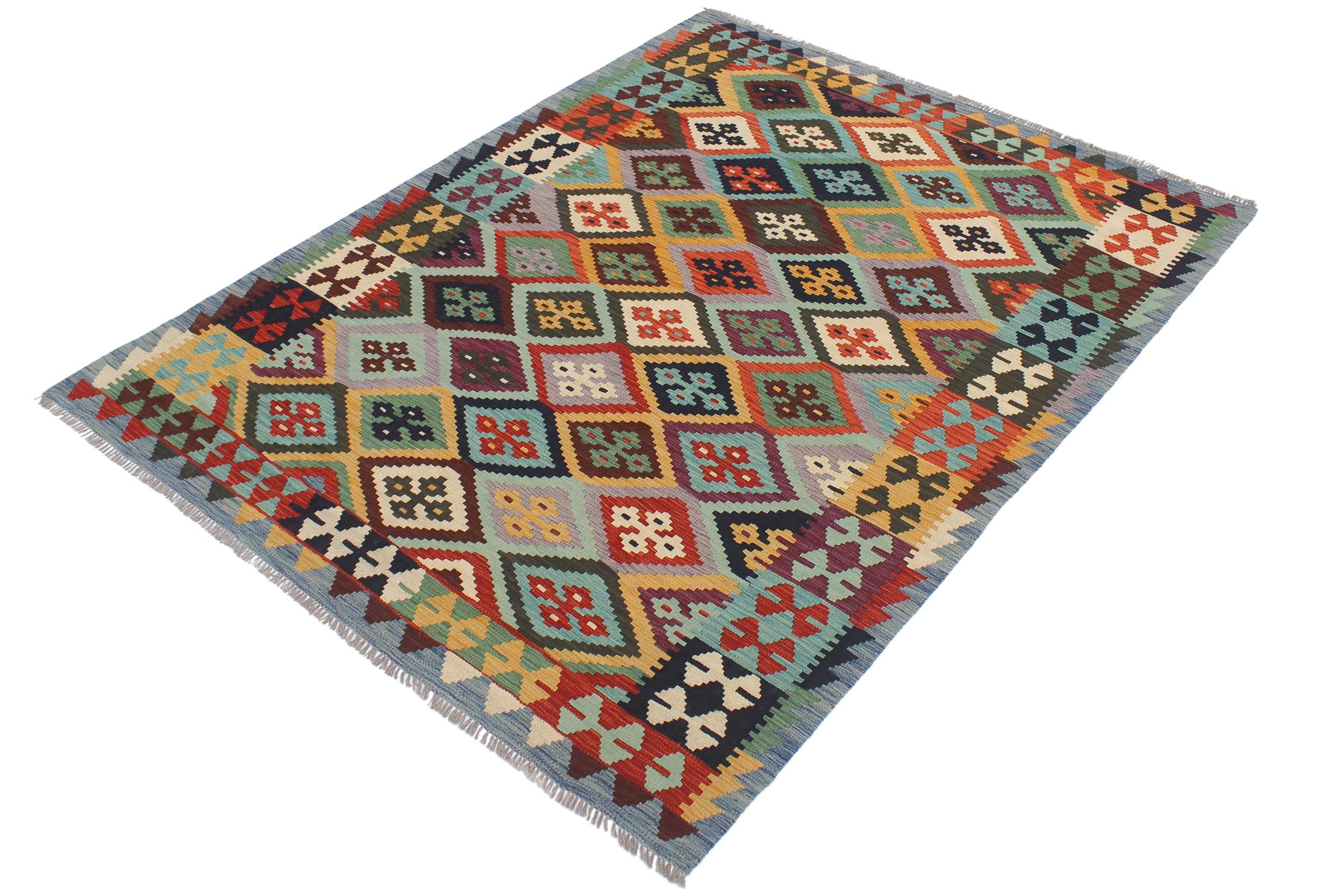 handmade Geometric Kilim Rust Blue Hand-Woven RECTANGLE 100% WOOL area rug 5 x 7