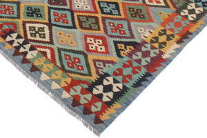 handmade Geometric Kilim Rust Blue Hand-Woven RECTANGLE 100% WOOL area rug 5 x 7