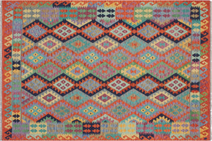 handmade Geometric Kilim Blue Rust Hand-Woven RECTANGLE 100% WOOL area rug 6 x 8