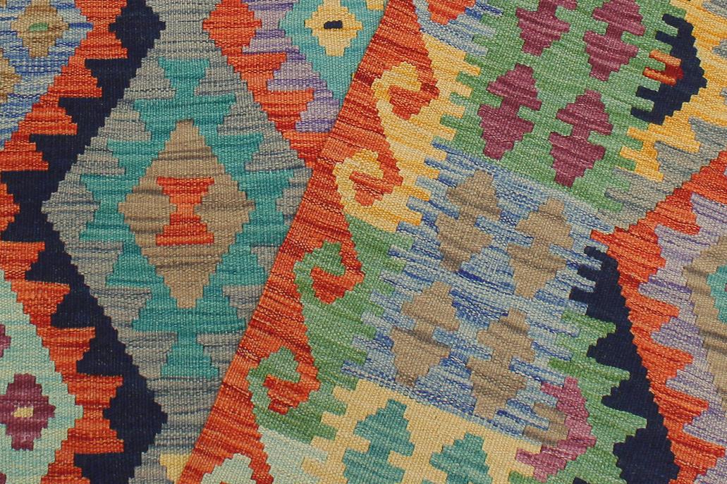 Flat Weave Kilim Antique Navaho Vintage handmade Geometric Kilim Blue Rust Hand-Woven Rectangle 100% Wool Area Rug 6x8 