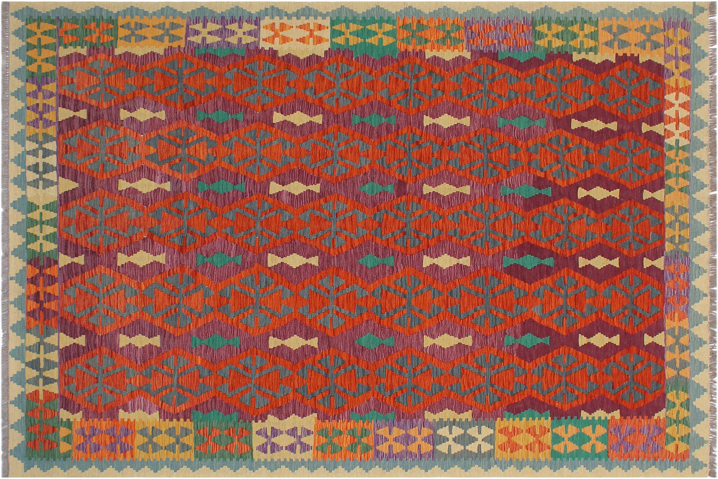 handmade Geometric Kilim Rust Beige Hand-Woven RECTANGLE 100% WOOL area rug 6 x 8