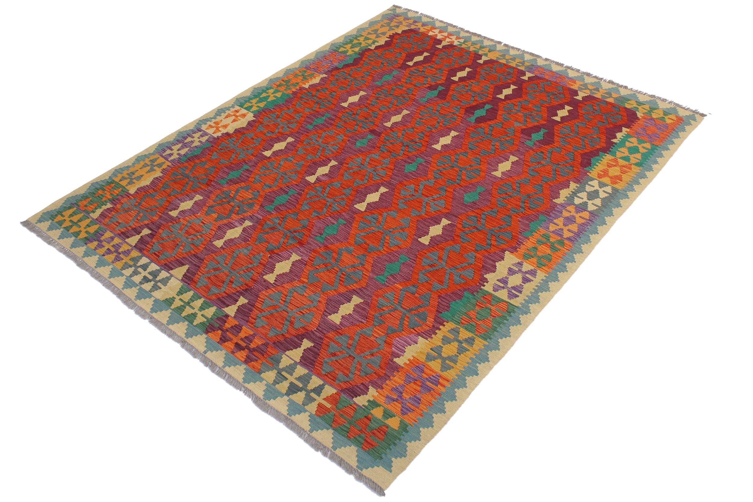 handmade Geometric Kilim Rust Beige Hand-Woven RECTANGLE 100% WOOL area rug 6 x 8