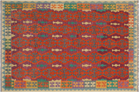 handmade Geometric Kilim Rust Beige Hand-Woven RECTANGLE 100% WOOL area rug 6 x 8