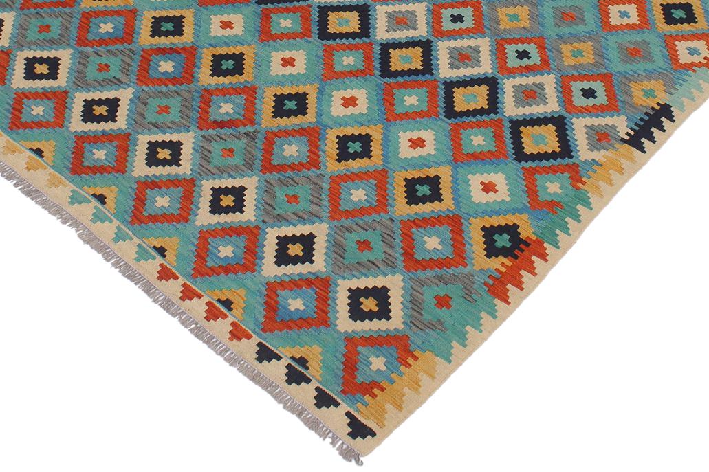 Flat Weave Kilim Antique Navaho Vintage handmade Modern Kilim Blue Beige Hand-Woven Rectangle 100% Wool Area Rug 6x8 