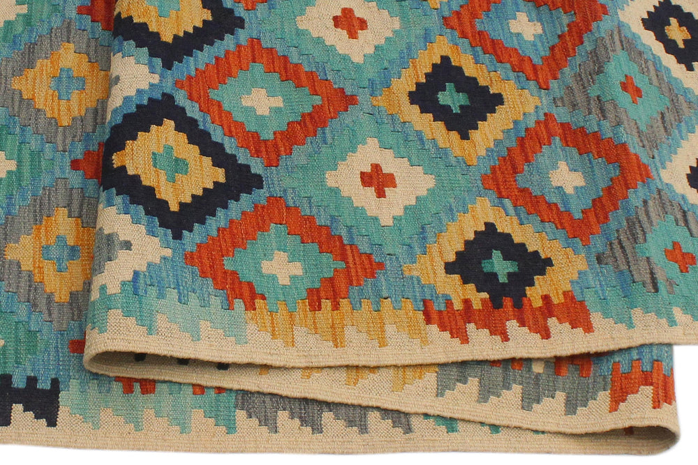 handmade Geometric Kilim Blue Beige Hand-Woven RECTANGLE 100% WOOL area rug 6 x 8