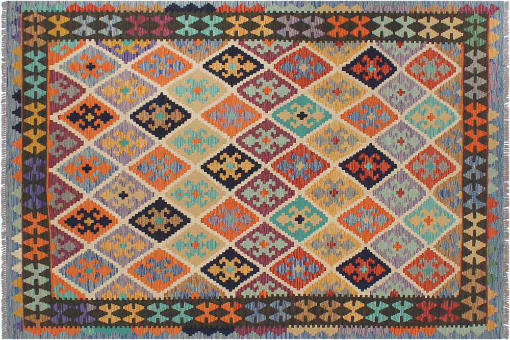 handmade Geometric Kilim Beige Blue Hand-Woven RECTANGLE 100% WOOL area rug 6 x 8