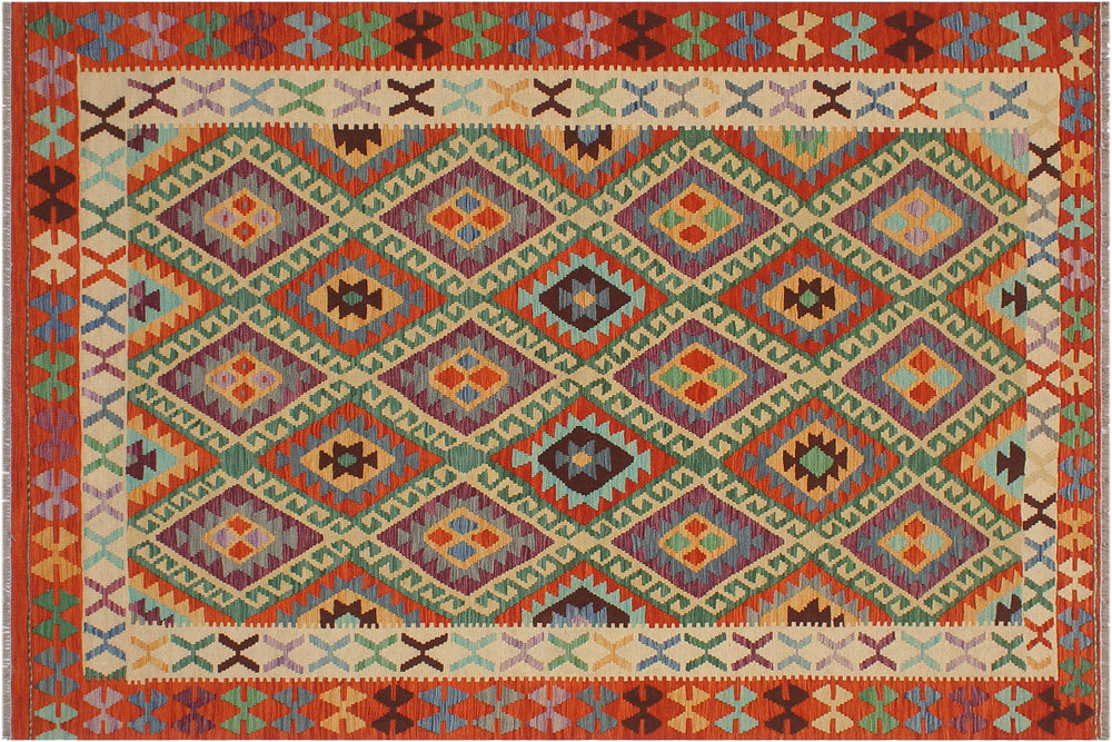 handmade Geometric Kilim Blue Rust Hand-Woven RECTANGLE 100% WOOL area rug 6 x 8