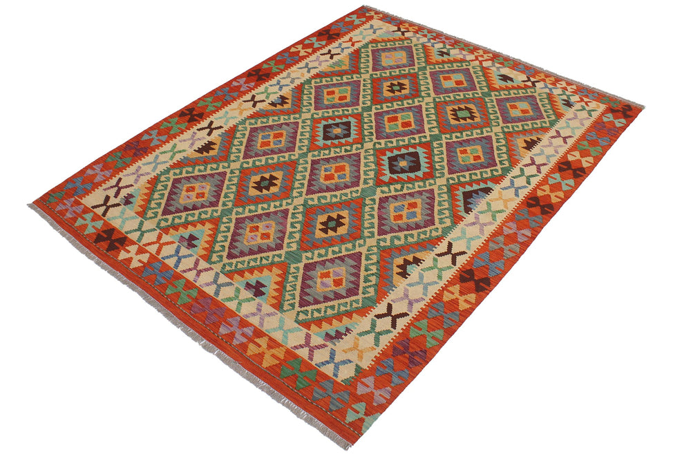 handmade Geometric Kilim Blue Rust Hand-Woven RECTANGLE 100% WOOL area rug 6 x 8