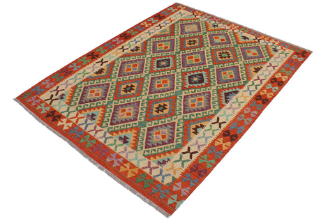 handmade Geometric Kilim Blue Rust Hand-Woven RECTANGLE 100% WOOL area rug 6 x 8