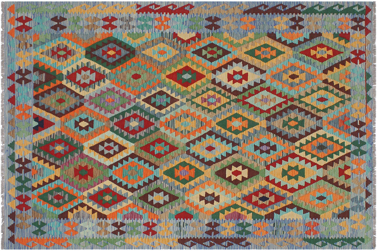 6x8 hand woven Turkish Kilim wool rug in red and blue - Rustic Bohan Turkish