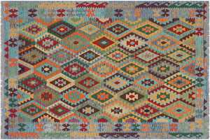 6x8 hand woven Turkish Kilim wool rug in red and blue - Rustic Bohan Turkish