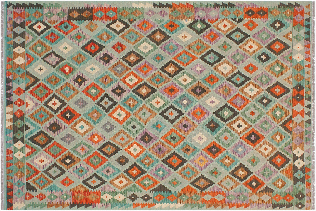 handmade Geometric Kilim Blue Rust Hand-Woven RECTANGLE 100% WOOL area rug 6 x 8