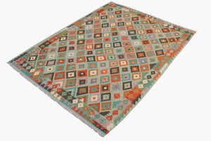 handmade Geometric Kilim Blue Rust Hand-Woven RECTANGLE 100% WOOL area rug 6 x 8