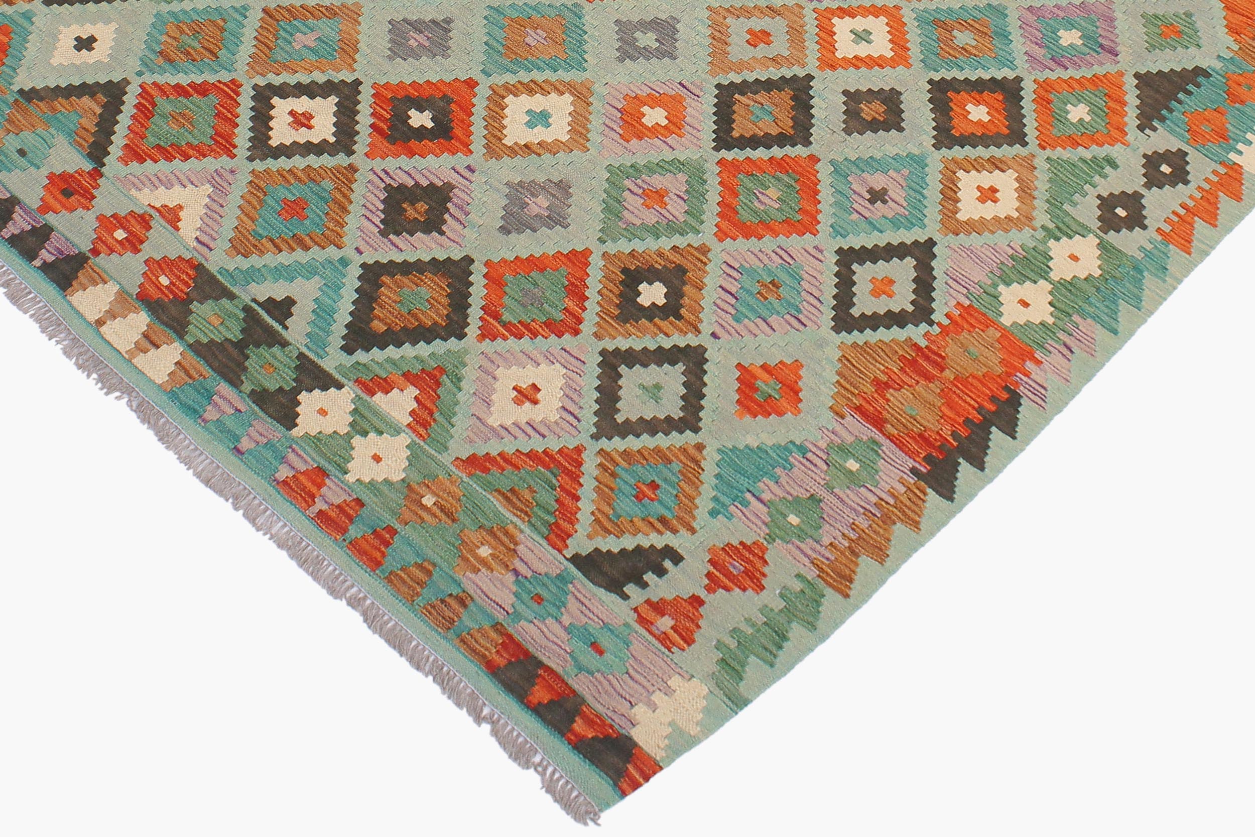 handmade Geometric Kilim Blue Rust Hand-Woven RECTANGLE 100% WOOL area rug 6 x 8