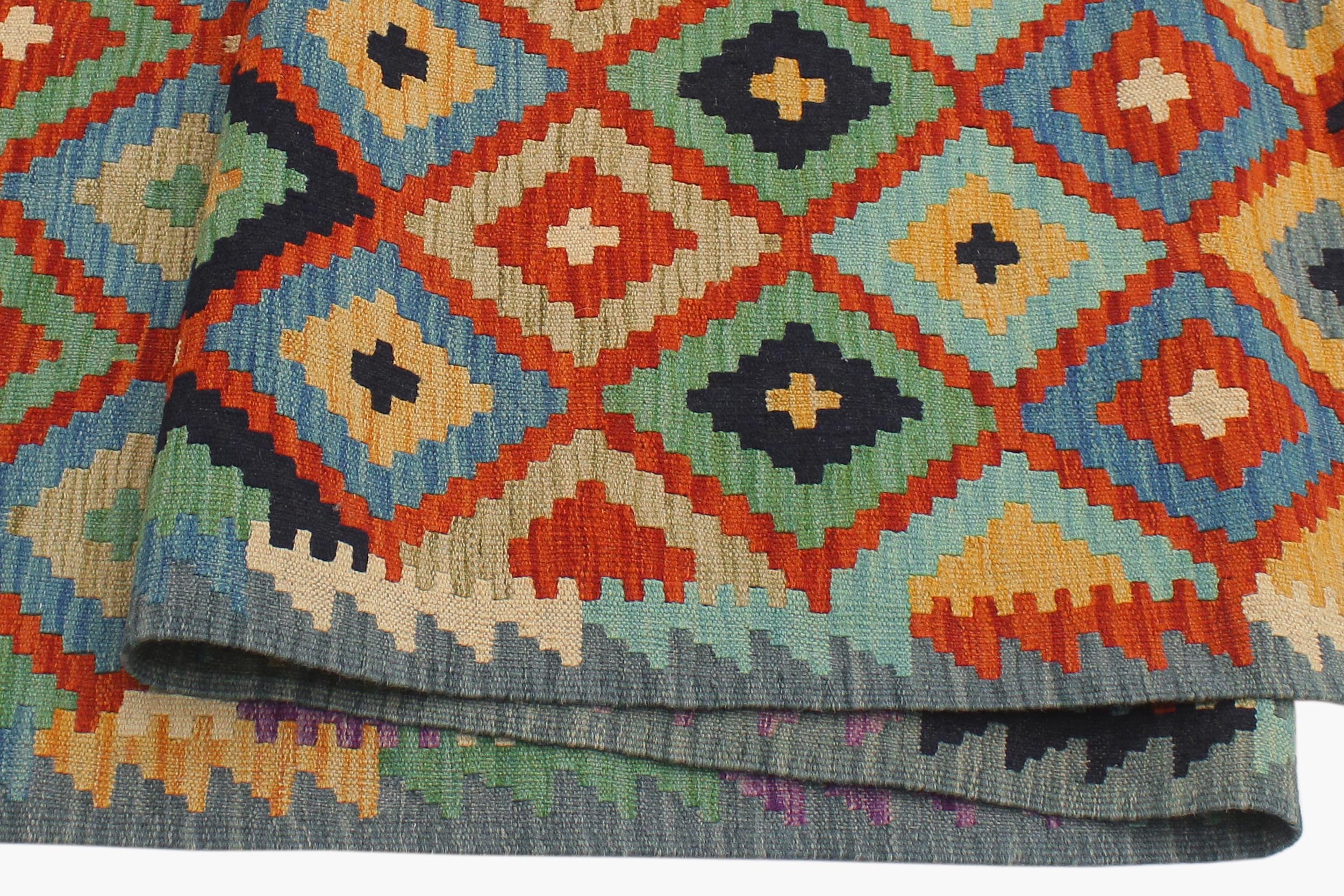 handmade Geometric Kilim Rust Blue Hand-Woven RECTANGLE 100% WOOL area rug 6 x 8