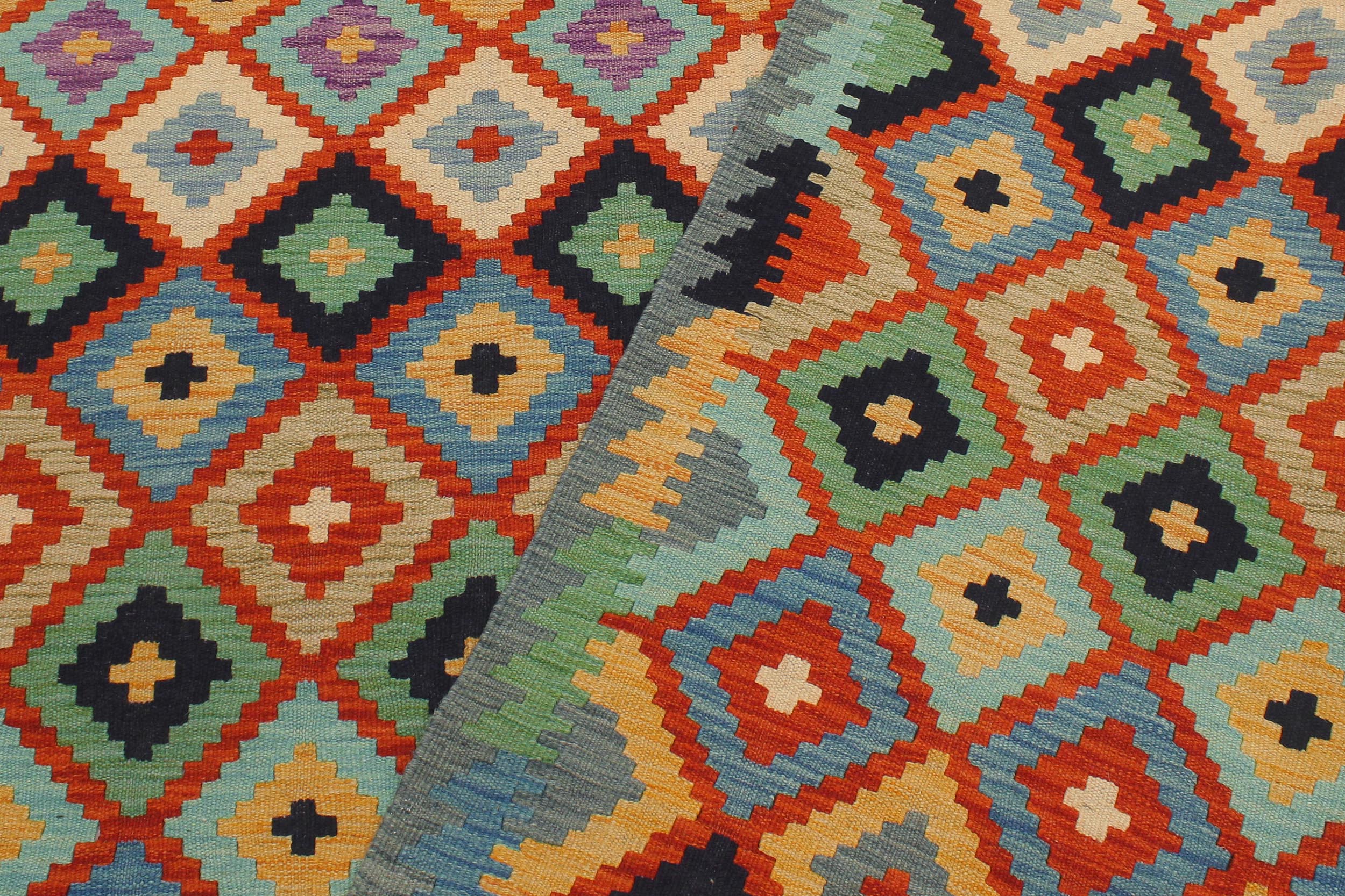handmade Geometric Kilim Rust Blue Hand-Woven RECTANGLE 100% WOOL area rug 6 x 8