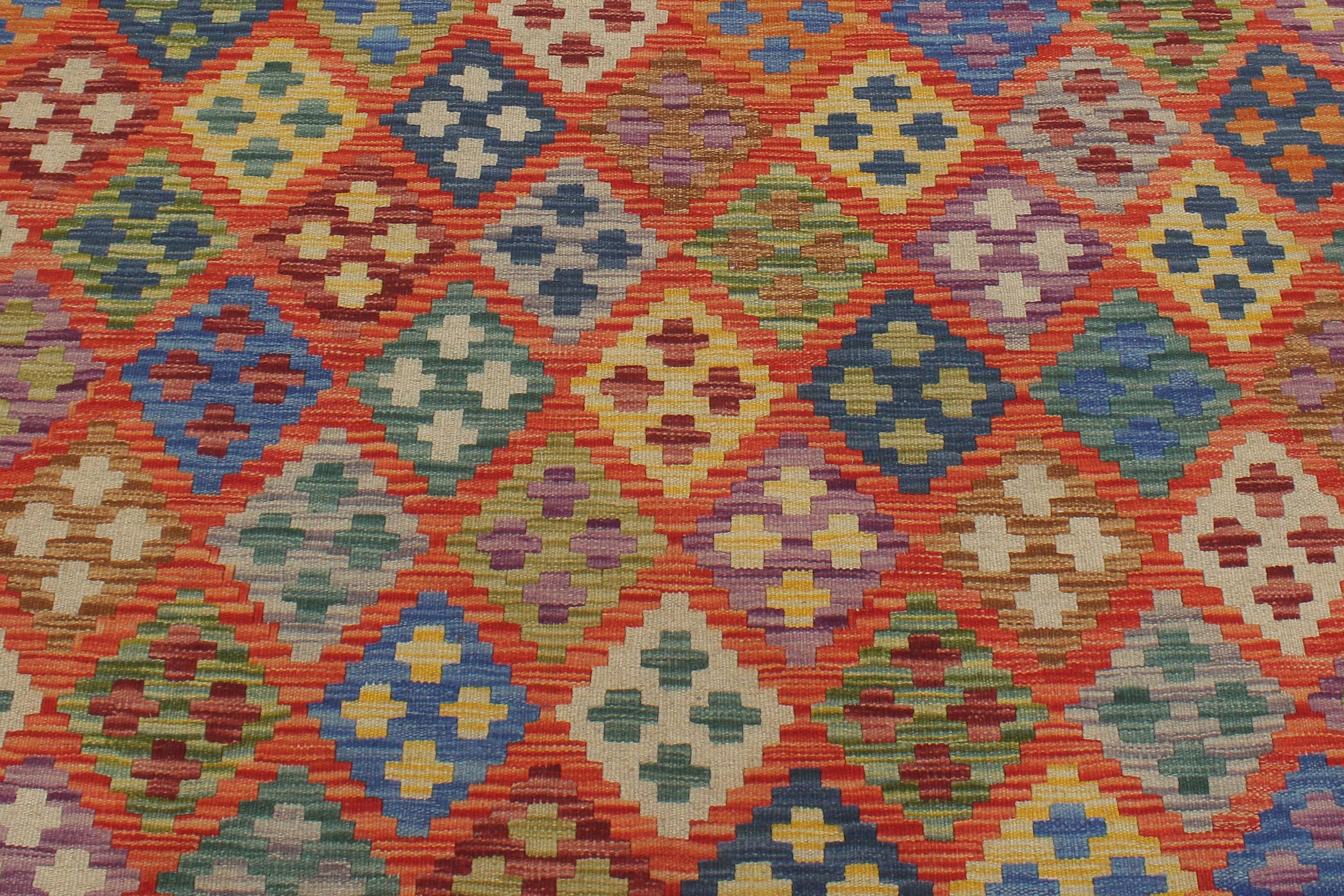 handmade Geometric Kilim Rust Blue Hand-Woven RECTANGLE 100% WOOL area rug 6 x 8