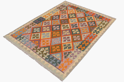 handmade Geometric Kilim Rust Beige Hand-Woven RECTANGLE 100% WOOL area rug 4 x 5