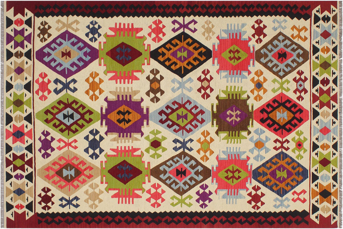 handmade Geometric Kilim Beige Red Hand-Woven RECTANGLE 100% WOOL area rug 6 x 8