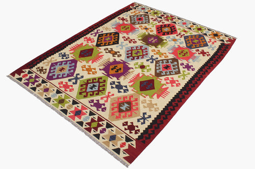 handmade Geometric Kilim Beige Red Hand-Woven RECTANGLE 100% WOOL area rug 6 x 8