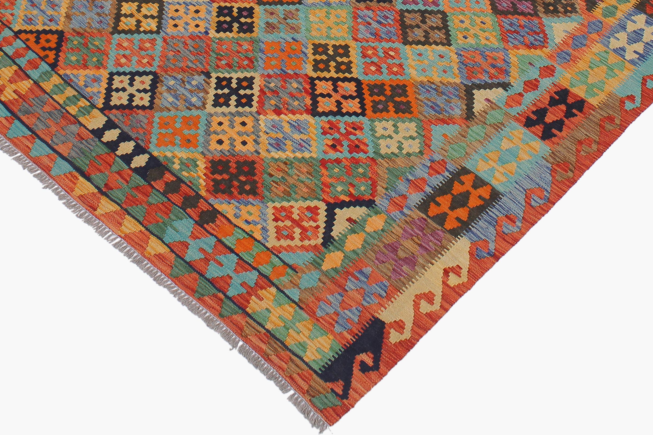 handmade Geometric Kilim Blue Rust Hand-Woven RECTANGLE 100% WOOL area rug 6 x 8