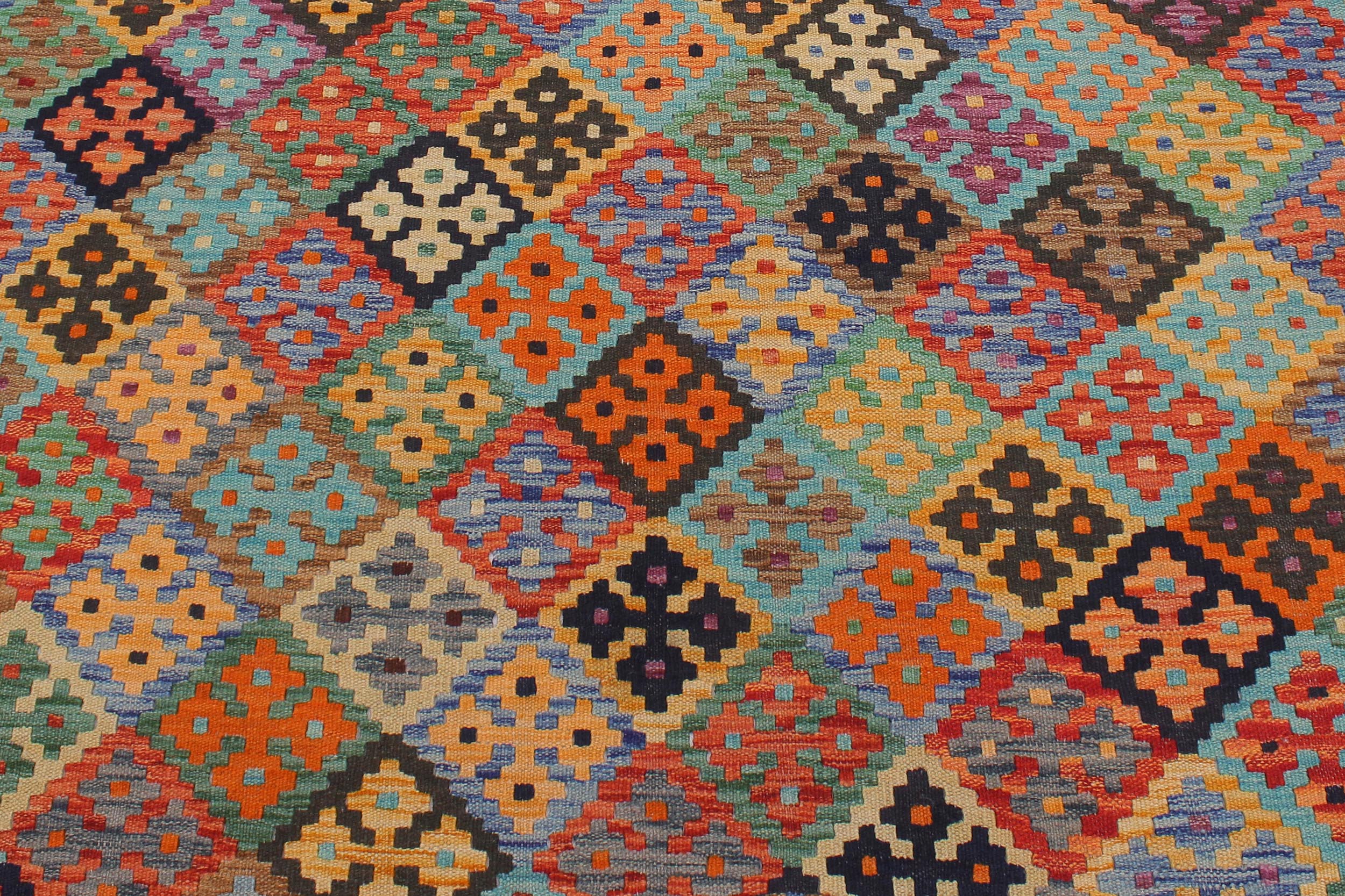 handmade Geometric Kilim Blue Rust Hand-Woven RECTANGLE 100% WOOL area rug 6 x 8