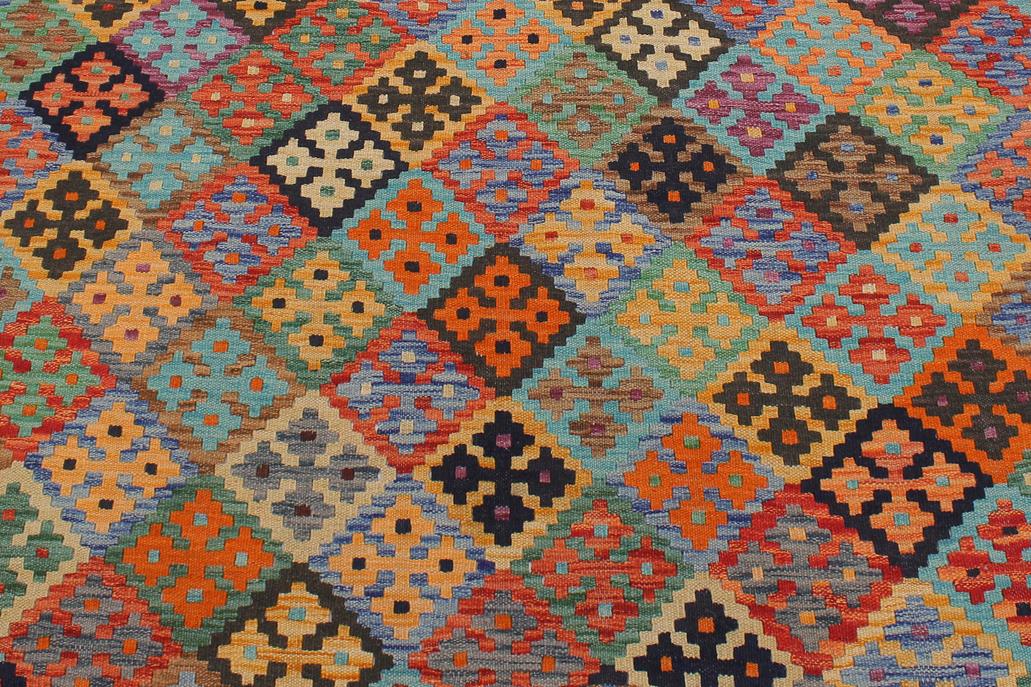 Flat Weave Kilim Antique Navaho Vintage handmade Geometric Kilim Blue Rust Hand-Woven Rectangle 100% Wool Area Rug 6x8 