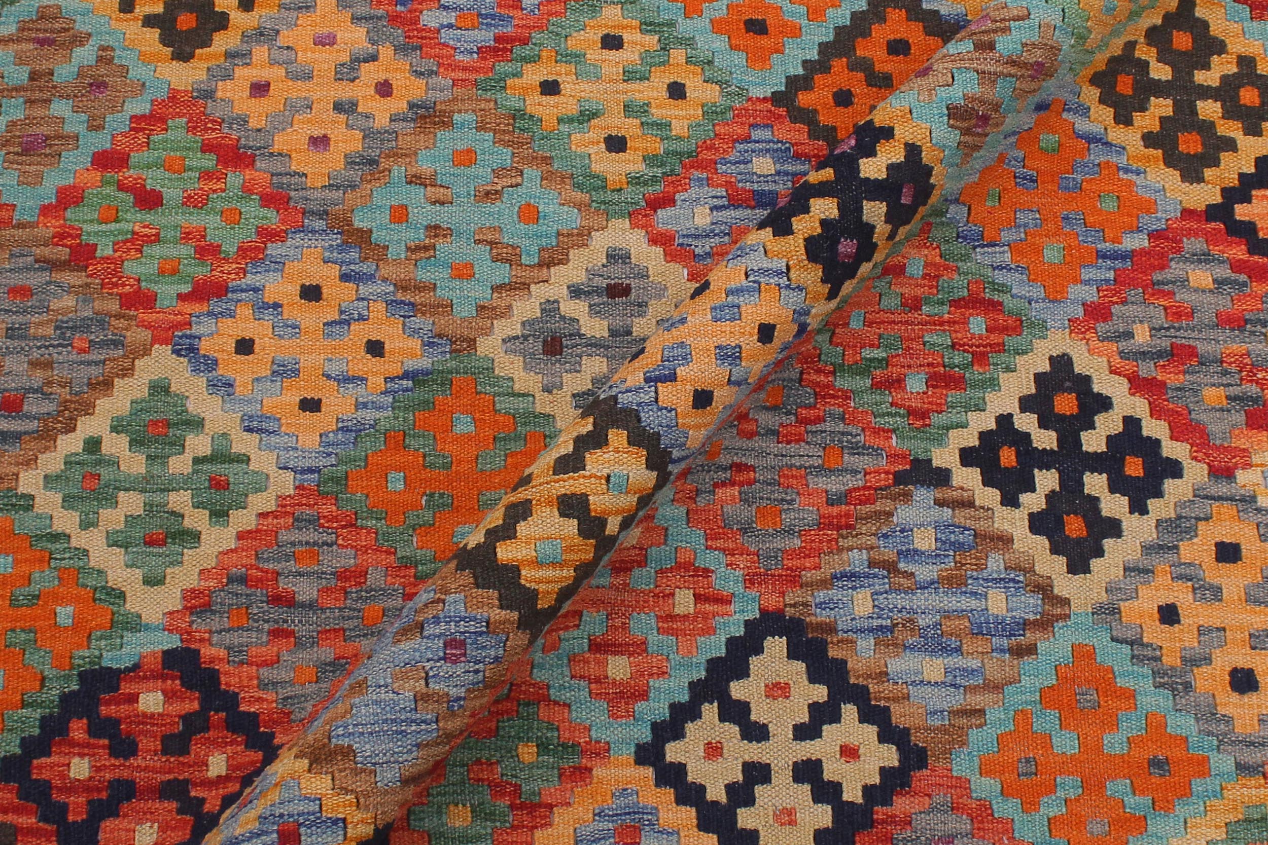 handmade Geometric Kilim Blue Rust Hand-Woven RECTANGLE 100% WOOL area rug 6 x 8