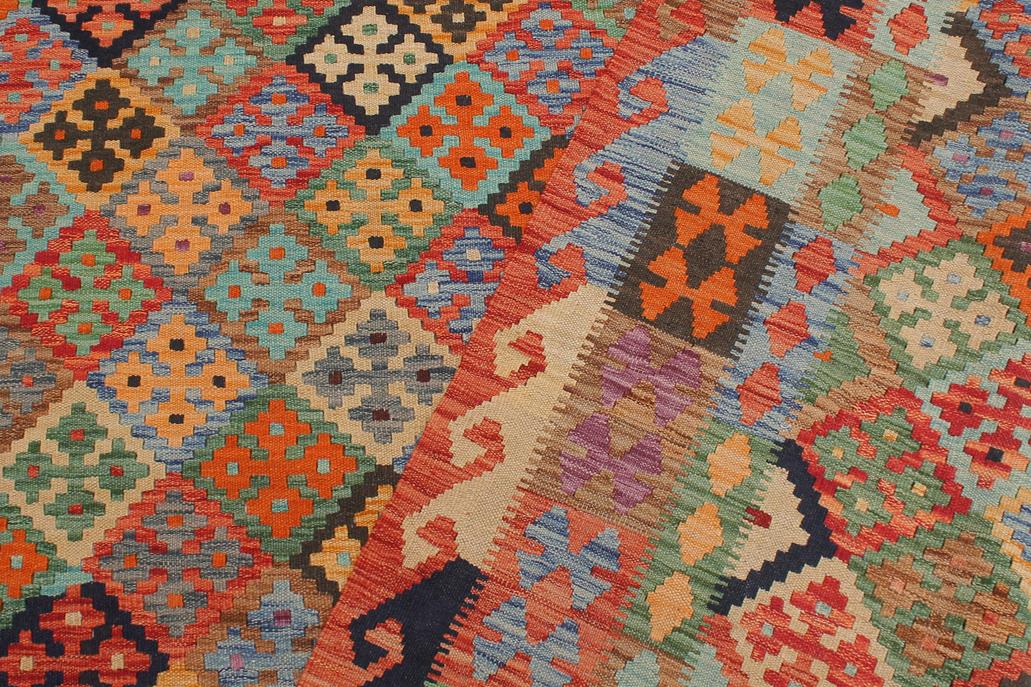 Flat Weave Kilim Antique Navaho Vintage handmade Geometric Kilim Blue Rust Hand-Woven Rectangle 100% Wool Area Rug 6x8 