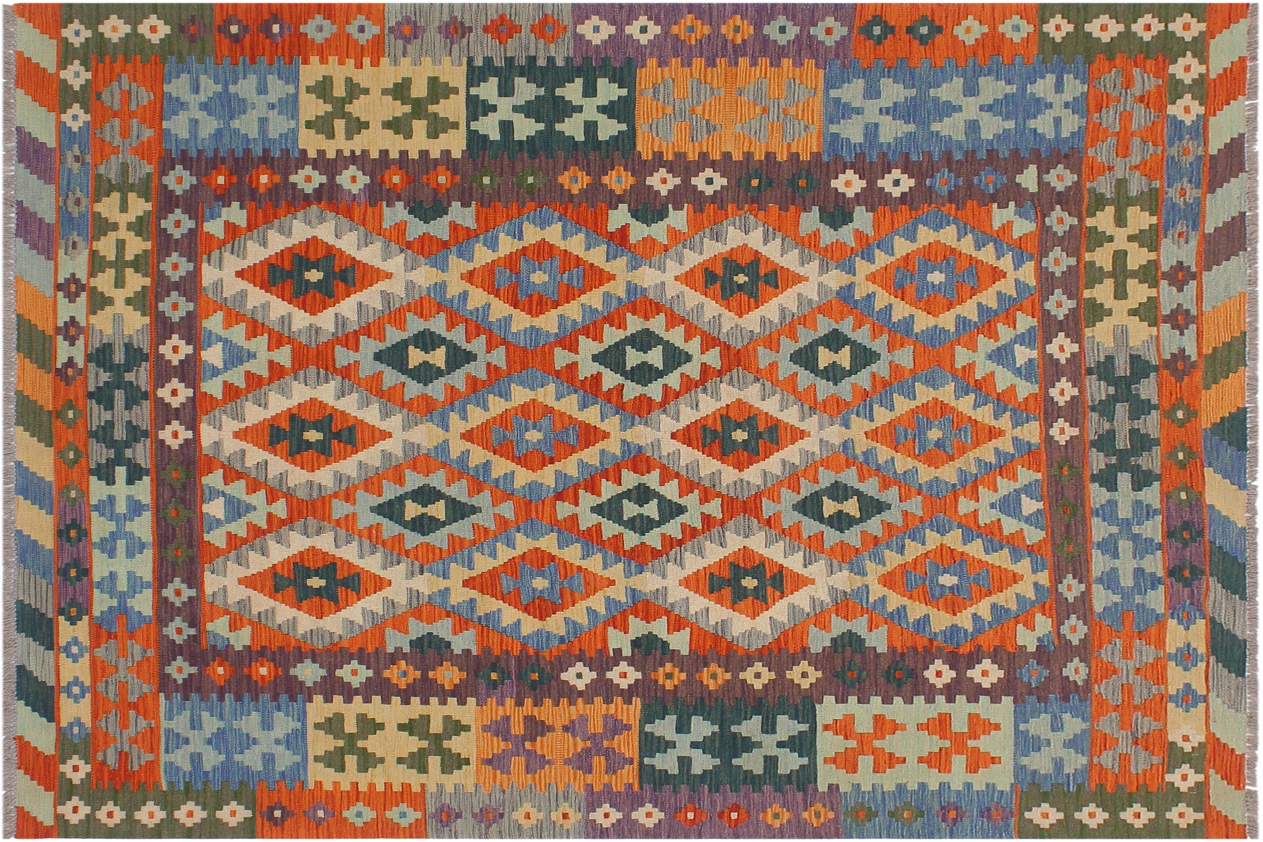 handmade Geometric Kilim Rust Blue Hand-Woven RECTANGLE 100% WOOL area rug 5 x 7