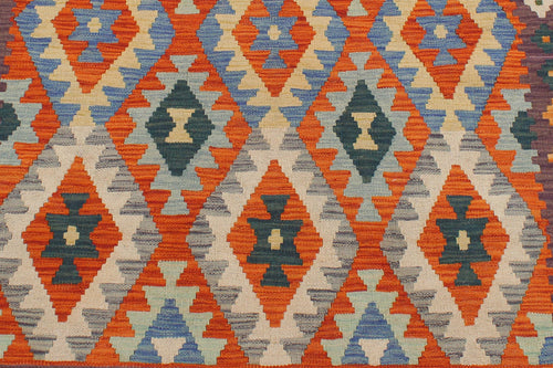 handmade Geometric Kilim Rust Blue Hand-Woven RECTANGLE 100% WOOL area rug 5 x 7