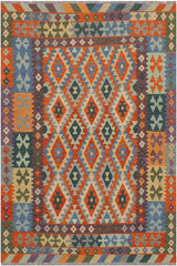 Flat Weave Kilim Antique Navaho Vintage handmade Geometric Kilim Rust Blue Hand-Woven Rectangle 100% Wool Area Rug 5x7 