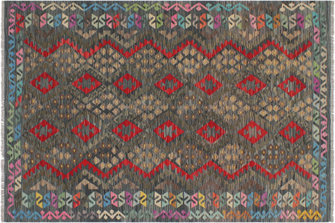 handmade Geometric Kilim Green Red Hand-Woven RECTANGLE 100% WOOL area rug 6 x 8