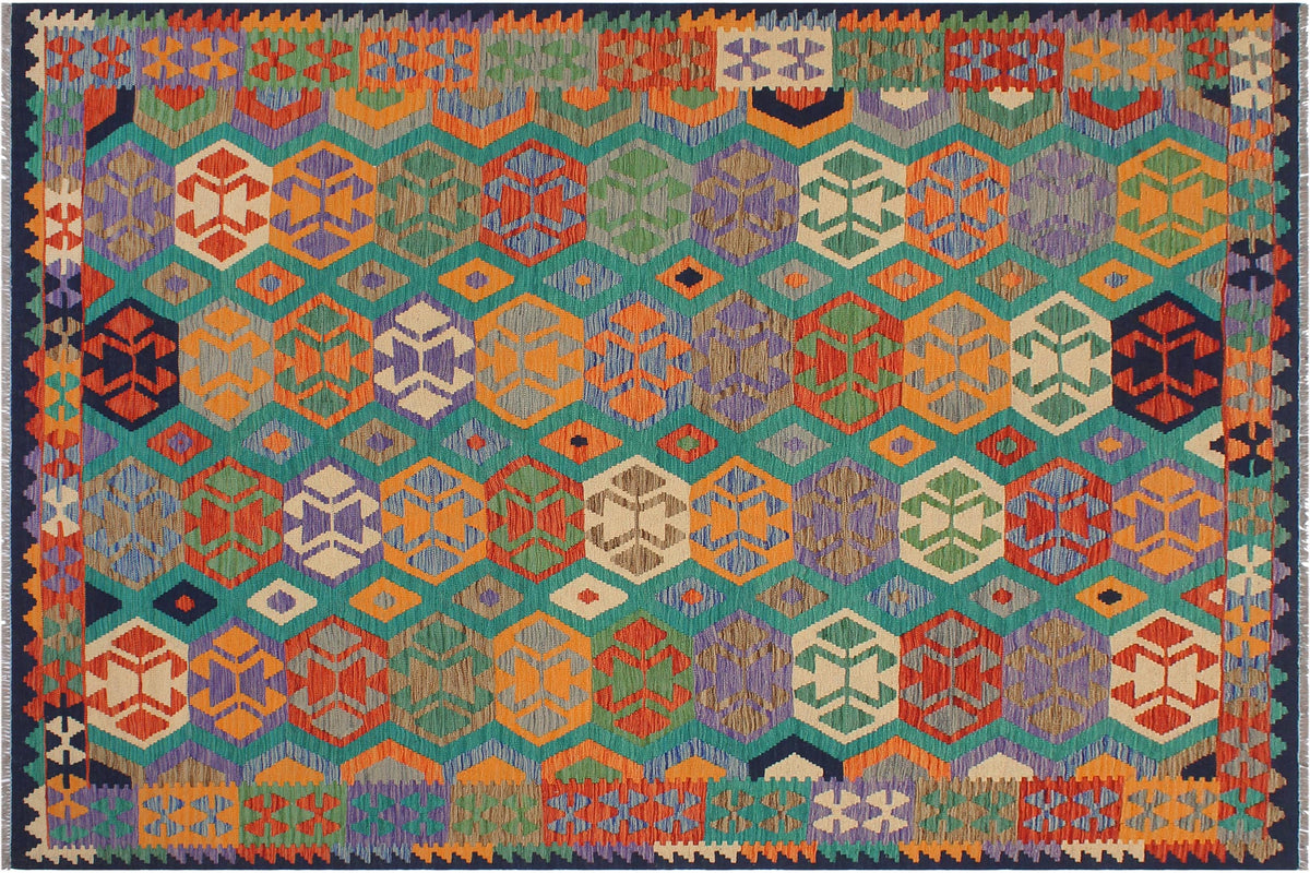 handmade Geometric Kilim Green Blue Hand-Woven RECTANGLE 100% WOOL area rug 6 x 8