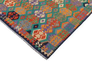 handmade Geometric Kilim Green Blue Hand-Woven RECTANGLE 100% WOOL area rug 6 x 8