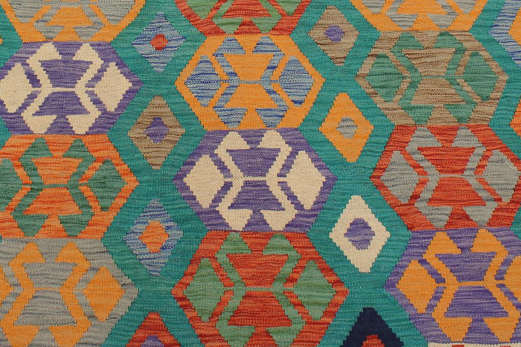 Flat Weave Kilim Antique Navaho Vintage handmade Geometric Kilim Green Blue Hand-Woven Rectangle 100% Wool Area Rug 6x8 