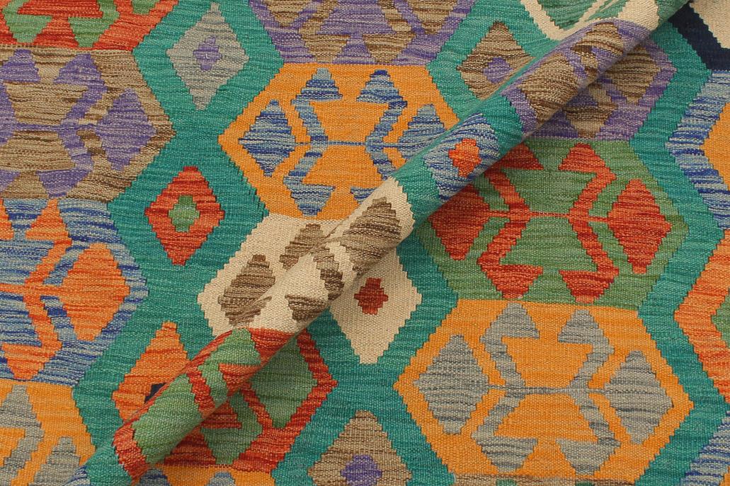 Flat Weave Kilim Antique Navaho Vintage handmade Geometric Kilim Green Blue Hand-Woven Rectangle 100% Wool Area Rug 6x8 