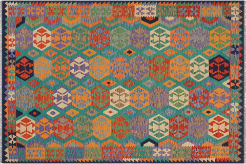 handmade Geometric Kilim Green Blue Hand-Woven RECTANGLE 100% WOOL area rug 6 x 8