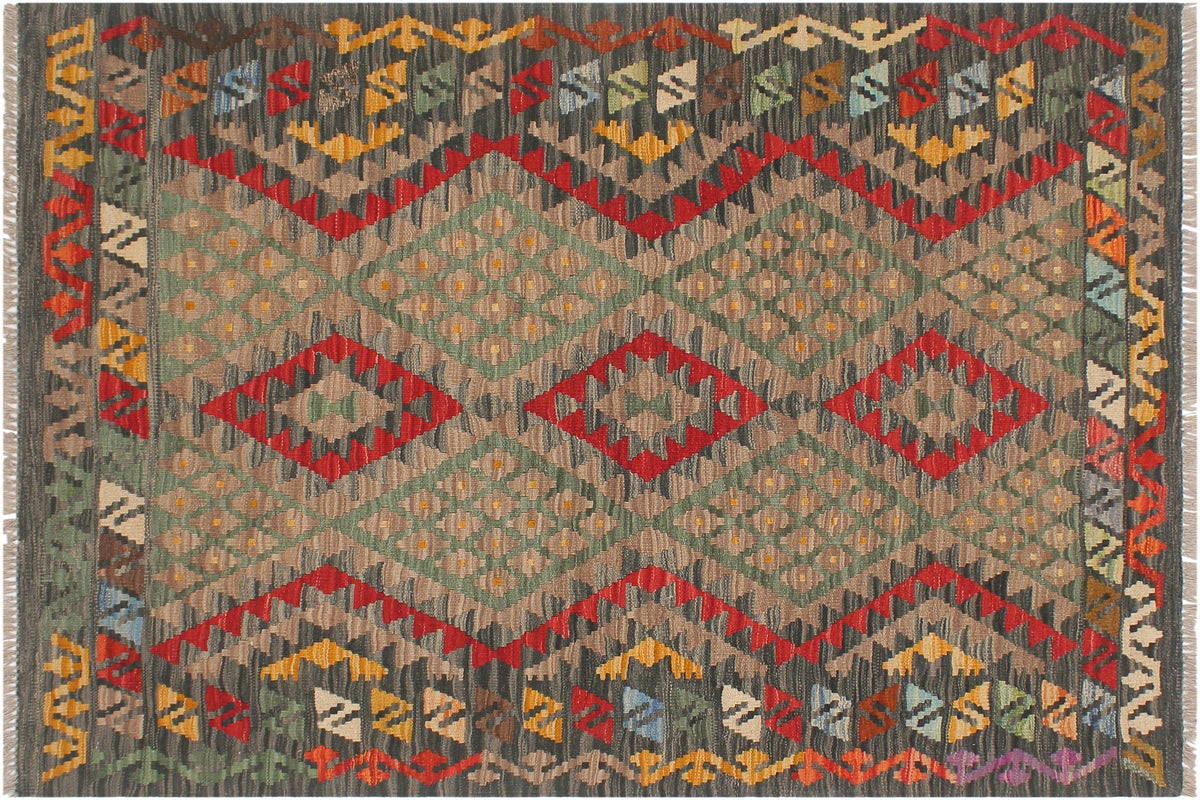 4x5 hand woven Turkish Kilim wool rug in red and green - Rustic Turkish Nicola