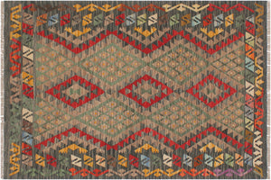 handmade Geometric Kilim Red Green Hand-Woven RECTANGLE 100% WOOL area rug 4' x 5'
