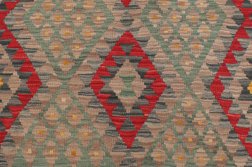 handmade Geometric Kilim Red Green Hand-Woven RECTANGLE 100% WOOL area rug 4' x 5'