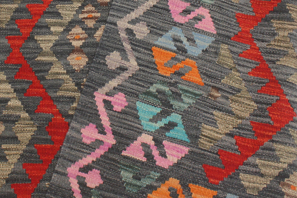 handmade Geometric Kilim Charcoal Red Hand-Woven RECTANGLE 100% WOOL area rug 4' x 6'