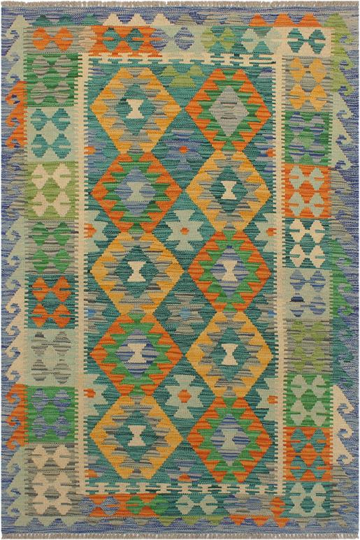 Flat Weave Kilim Antique Navaho Vintage handmade Geometric Kilim Green Blue Hand-Woven Rectangle 100% Wool Area Rug 3x5 