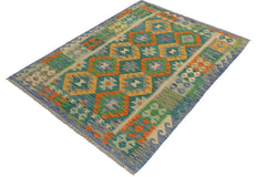 Flat Weave Kilim Antique Navaho Vintage handmade Geometric Kilim Green Blue Hand-Woven Rectangle 100% Wool Area Rug 3x5 