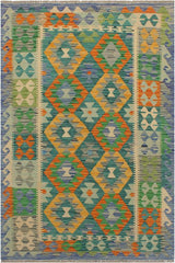 Flat Weave Kilim Antique Navaho Vintage handmade Geometric Kilim Green Blue Hand-Woven Rectangle 100% Wool Area Rug 3x5 