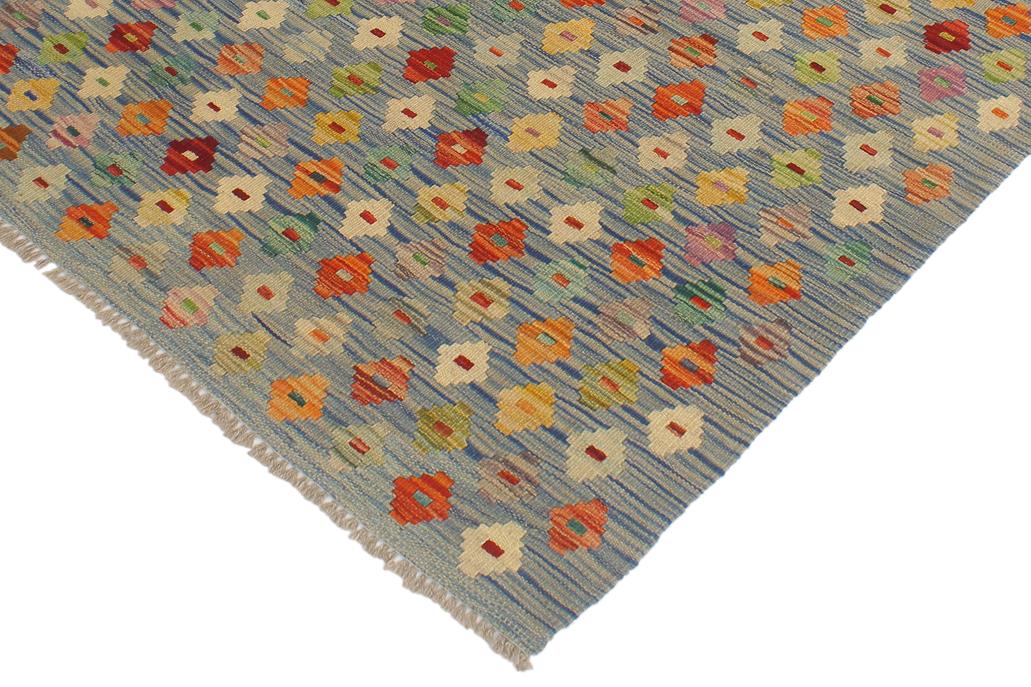 Flat Weave Kilim Antique Navaho Vintage handmade Modern Kilim Blue Rust Hand-Woven Rectangle 100% Wool Area Rug 3x5 