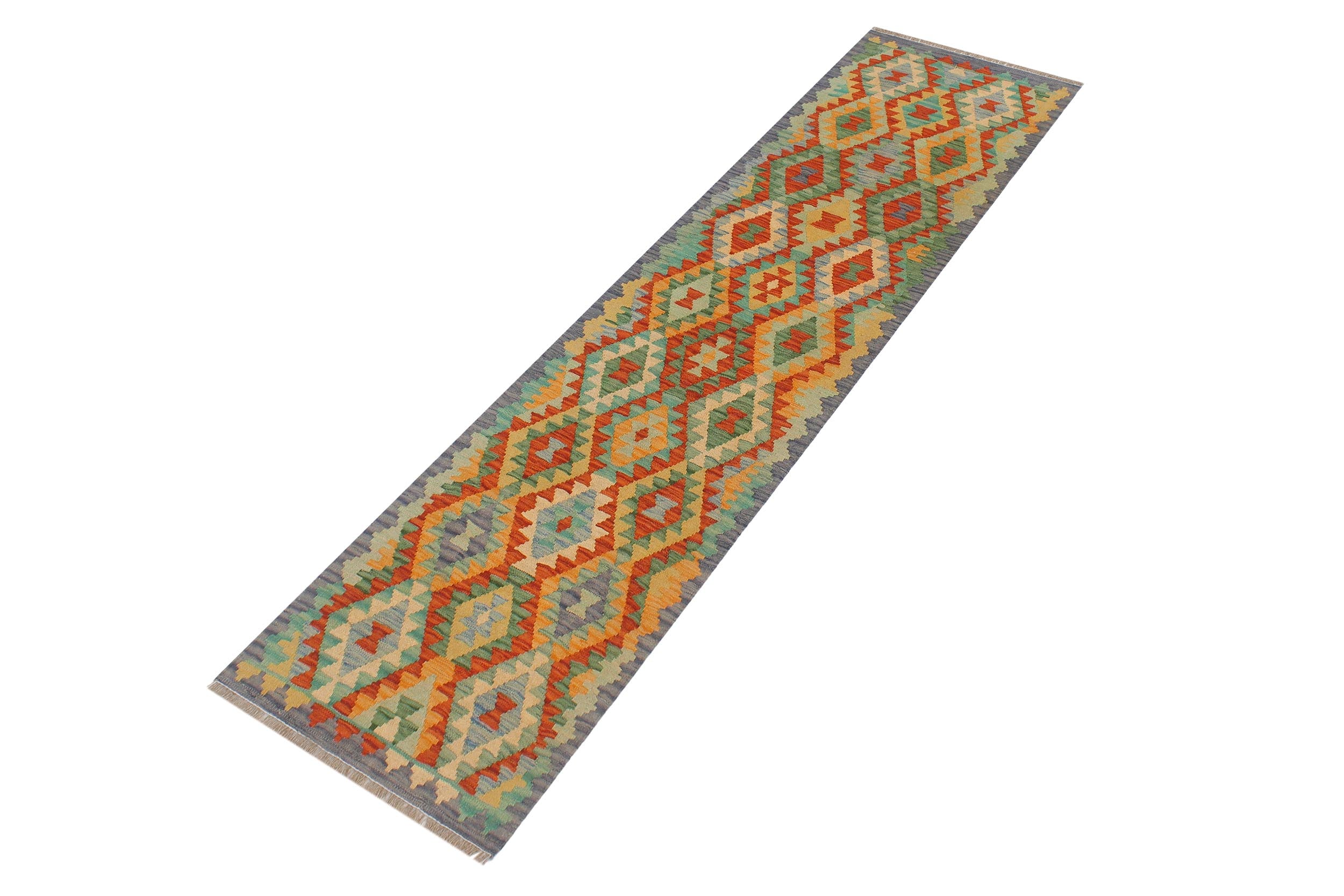 handmade Geometric Kilim Rust Blue Hand-Woven RUNNER 100% WOOL area rug 2 x 6