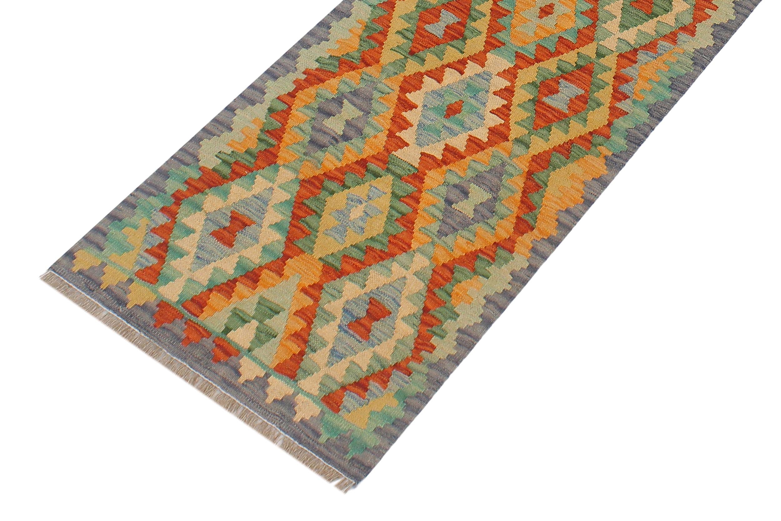 handmade Geometric Kilim Rust Blue Hand-Woven RUNNER 100% WOOL area rug 2 x 6
